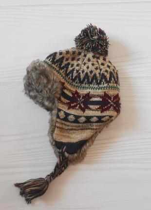 Зимова тепла в'язана шапка вушанка на флісі з помпоном 7/13 років 🌺4 фото