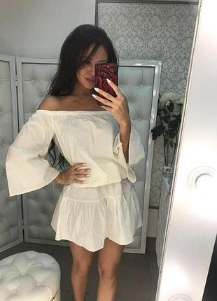⛔ сукню з відкритими плечима пишний волан по подолу широкий рукава поясок в комплекті дефект