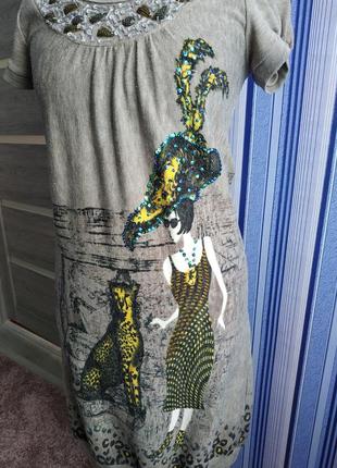 Красивое платье в принт с декором бисер паетки + нарукавники3 фото