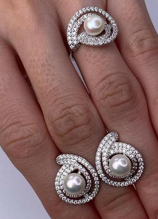 Серебряный гарнитур с жемчугом и фианитами, 925, серебро, кольцо,серьгм1 фото