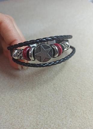 Браслет с звездой и бусинами, кожаный браслет черный