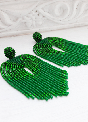 Зелені довгі сережки-водоспади з бісерної бахромою, сережки-кисті