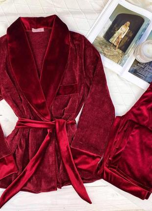 Піжама жіноча 093 укорочений халат і штани плюшева в'язка з оксамитом бордовий10 фото