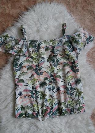 Блуза с открытыми плечами в пальмовый принт5 фото