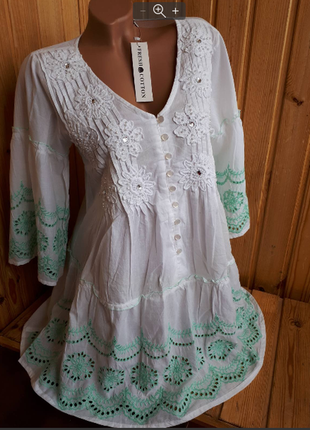 Легкое белое платье , пляжная туника  прошвой и обалденной вышивкой индиано3 фото