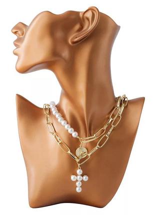 Ожерелье колье многослойная цепочка золотистая с жемчугом с подвеской сердце монета2 фото