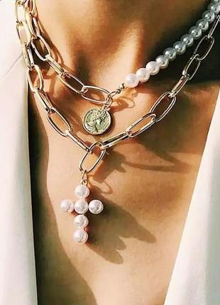 Ожерелье колье многослойная цепочка золотистая с жемчугом с подвеской сердце монета3 фото
