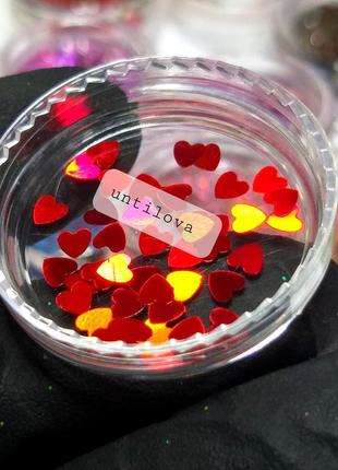 Камифубики сердечки красные для дизайна ногтей, блестки, глиттер фигурный1 фото