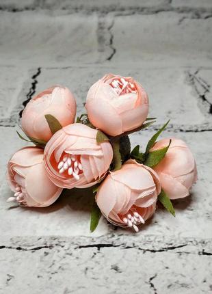 Декоративные цветы, ранункулюсы с тычинками, мини-букетик, 2,5 см, бледно-розовые, 6 шт