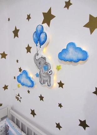 Дитячий настінний світильник-нічник слоник з блакитними кульками,ручна робота8 фото