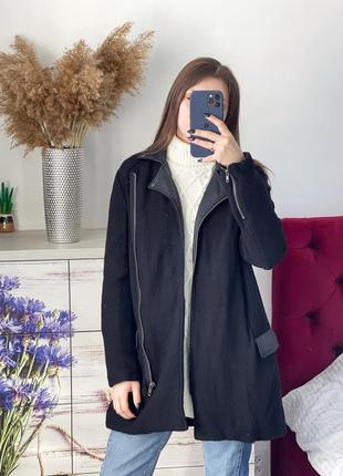 Чёрное шерстяное пальто косуха с натуральной кожей 1+1=38 фото