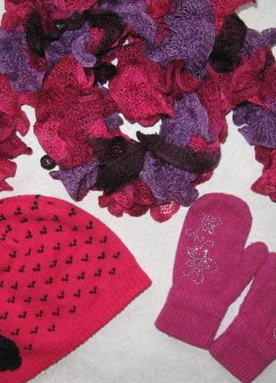 Яркий набор шапка шарф варежки на девочку 3-5 лет
