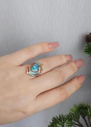 Кольцо серебро 925 пробы, позолоченное кольцо с голубым камнем3 фото