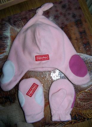 Велюровый двухсторонний розовый набор шапка и перчатки fisher price 1-2 года2 фото