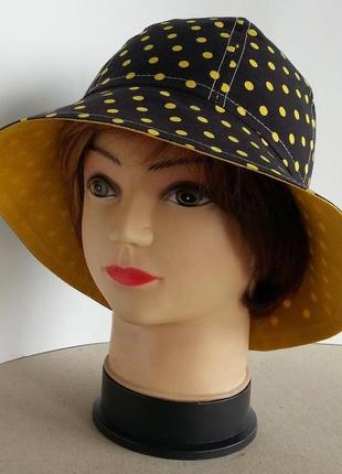Женская шляпка. летняя. штапель. желтые горохи на черном. hand made.3 фото