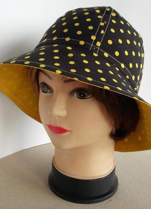 Женская шляпка. летняя. штапель. желтые горохи на черном. hand made.