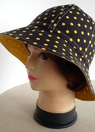 Женская шляпка. летняя. штапель. желтые горохи на черном. hand made.4 фото
