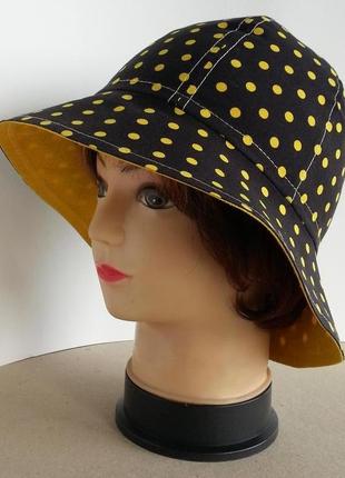 Женская шляпка. летняя. штапель. желтые горохи на черном. hand made.5 фото