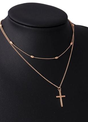 Подвійний чокер намисто хрест багатошарова ланцюжок з підвіскою хрестик золото