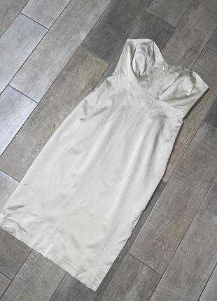 Бежевое атласное миди платье,бюстье(015)