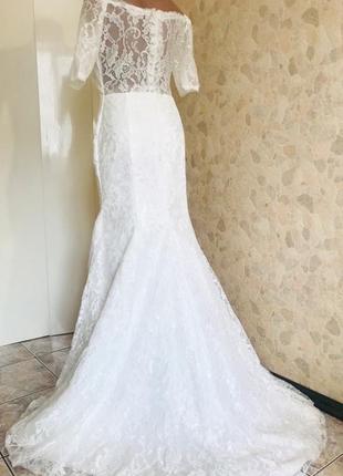 Весільна сукня-футляр з коротким рукавом 3/4, мереживне весільне плаття зі шлейфом6 фото