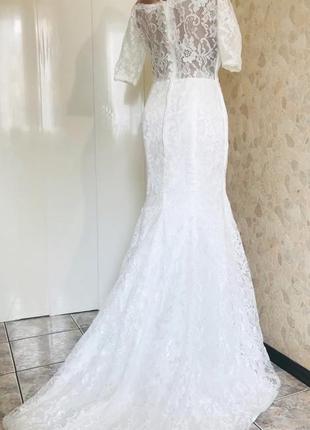 Весільна сукня-футляр з коротким рукавом 3/4, мереживне весільне плаття зі шлейфом2 фото