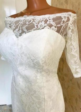 Весільна сукня-футляр з коротким рукавом 3/4, мереживне весільне плаття зі шлейфом8 фото