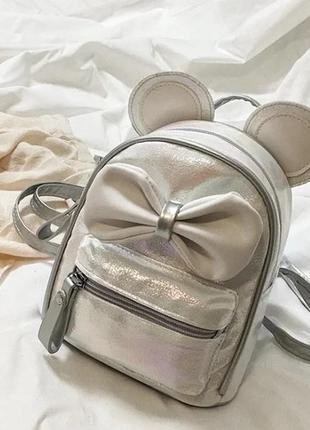 Детский мини рюкзак микки маус с ушками и бантиком серебристый блестящий3 фото