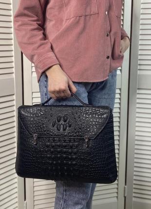 Женская кожаная сумка портфель крокодил чёрная стильная жіноча шкіряна сумка портфель2 фото