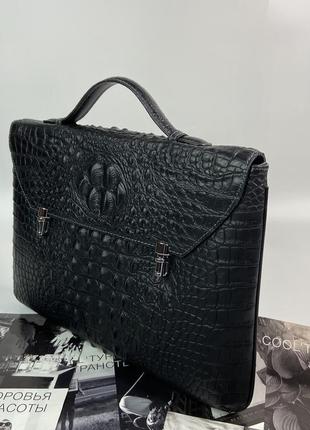 Женская кожаная сумка портфель крокодил чёрная стильная жіноча шкіряна сумка портфель5 фото