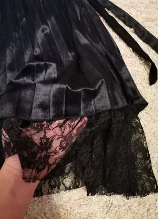 Асимметричная плиссированная юбка, бархат, кружево / велюрова спідниця, трапеція