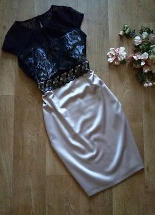 Вечернее или коктейльное платье paula richi пудрового цвета с черным кружевом1 фото