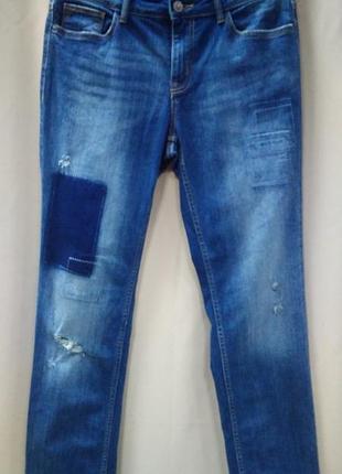 Джинсы, женские, рваные, с заплатками, стрейчевые, темно-синие, размер 44, eur 38