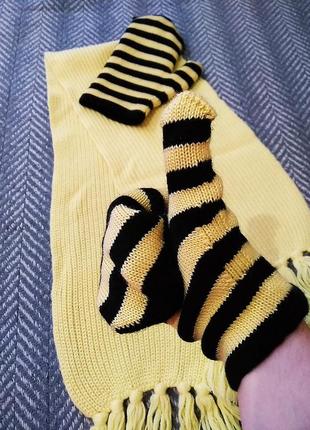 Красиві рукавиці в смужку бджола + шарф лимонного кольору top якість4 фото