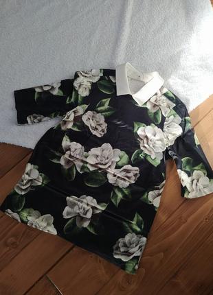Рубашка блуза с воротником, принт цветы, 3d