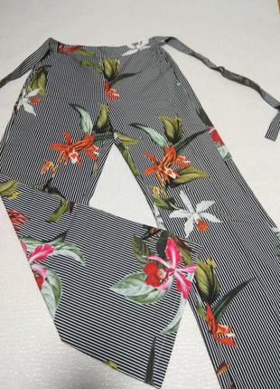 Трендовые летние штаны кюлоты с высокой посадкой,брюки палаццо в полоску с цветами5 фото