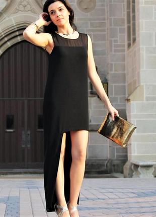 Черное длинное асимметричное платье с полу-прозрачной кокеткой м1 фото