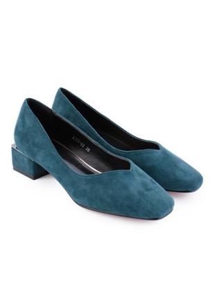 Стильные синие бирюзовые замшевые туфли на широком низком каблуке балетки3 фото