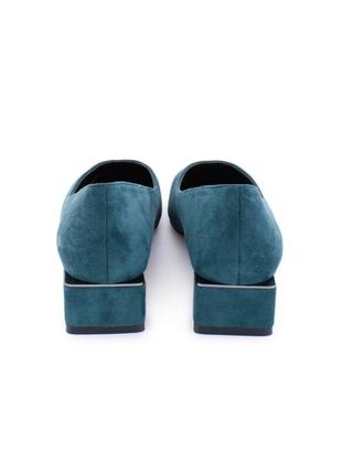 Стильные синие бирюзовые замшевые туфли на широком низком каблуке балетки5 фото