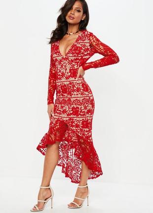 Платье красного цвета в кружево, кружевное missguided5 фото