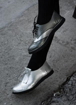 Кожаные класические туфли натуральная кожа украина гарантия серебряные металик5 фото