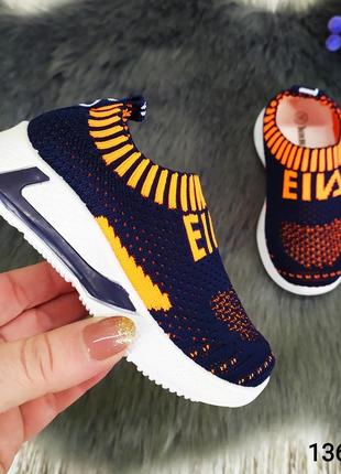 Детские текстильные кроссовки мокасины синие с оранжевым канарейка 1366