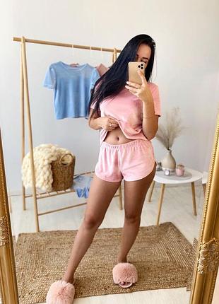 Невероятно красивая бархатная пижама, шорты футболка, подарок на 8 марта