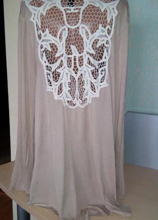 Летний кардиган кофе с молоком на спинке вставка из вязанного кружева