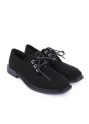 Стильные черные замшевые туфли закрытые на шнурках низкий ход3 фото