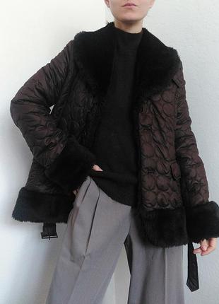 Шоколадна стеганная куртка з поясом куртка с мехом хутром zara mango bershka cos h&m9 фото