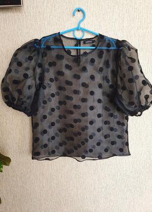 Шикарная  блуза, блузка, топ из органзы в горошек с  обьемными рукавами фонариками boohoo5 фото