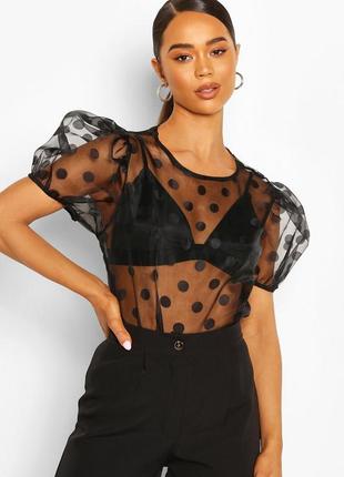 Шикарная  блуза, блузка, топ из органзы в горошек с  обьемными рукавами фонариками boohoo1 фото