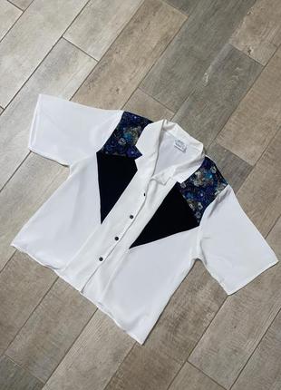 Белая винтажная блузка,пэчворк,принт,белая атласная рубашка(05)