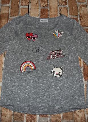 Стильный реглан лонгслив девочке 13 - 14 лет h&m с нашивками